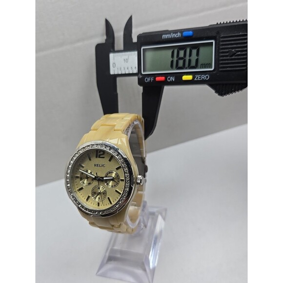 Relic by Fossil Womens Beige Resin Crystal Day Date Quartz Watch New Battery main image 7